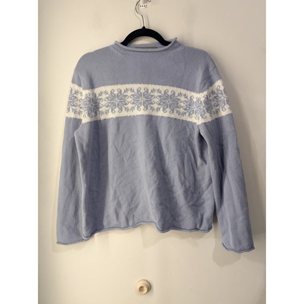 Norton Petites PXL Blue Snowflake Sweater Mock Neck Winter Nordic Pullover